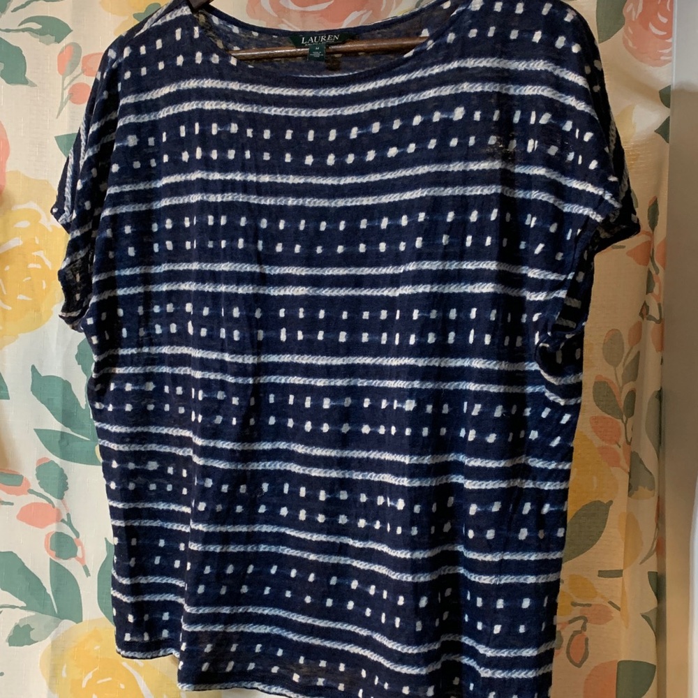 EUC LAUREN RALPH LAUREN 100% LINEN TOP! NAVY BLUE BOHO TIE DYE PRINT